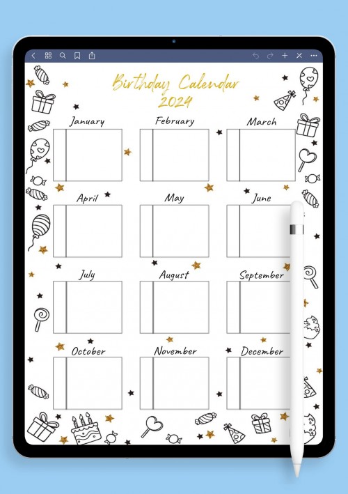 Gold and Black Birthday Calendar Template for GoodNotes
