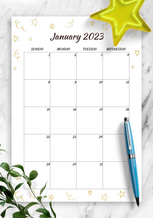 Gold Stars January 2023 Birthday Calendar