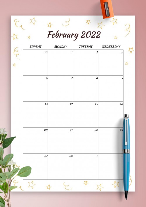 Gold Stars February 2022 Birthday Calendar