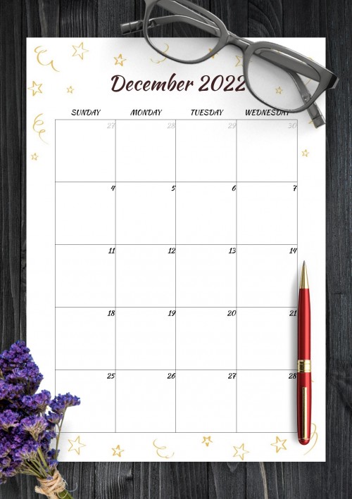 Gold Stars December 2022 Birthday Calendar