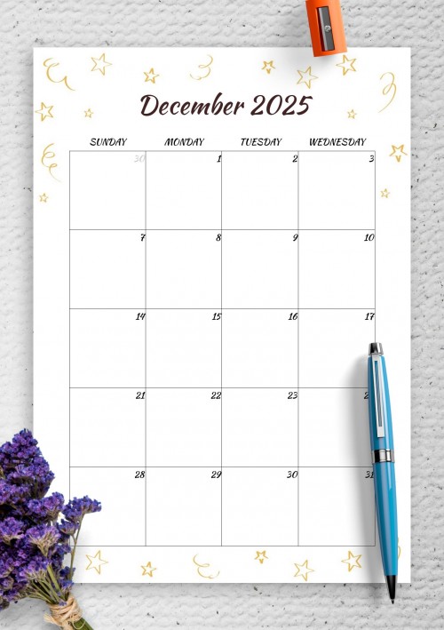 Gold Stars December 2025 Birthday Calendar