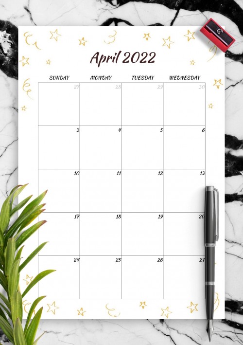 Gold Stars April 2022 Birthday Calendar