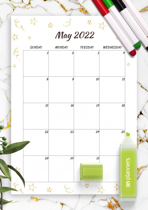 Gold Stars May 2022 Birthday Calendar