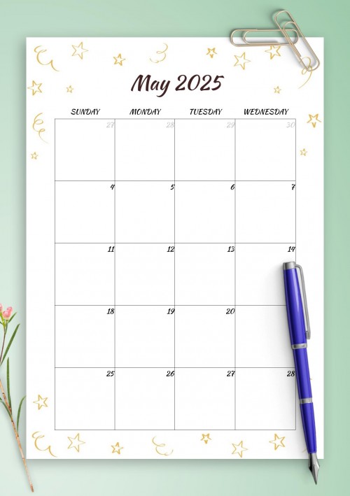 Gold Stars May 2025 Birthday Calendar