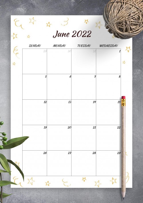 Gold Stars June 2022 Birthday Calendar