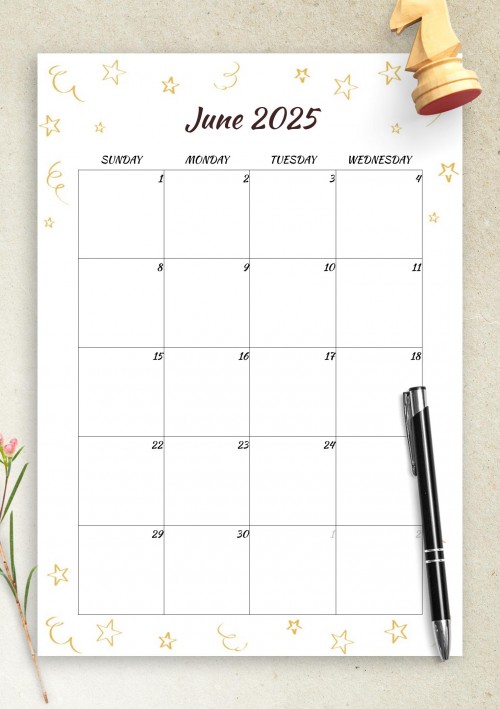 Gold Stars June 2025 Birthday Calendar