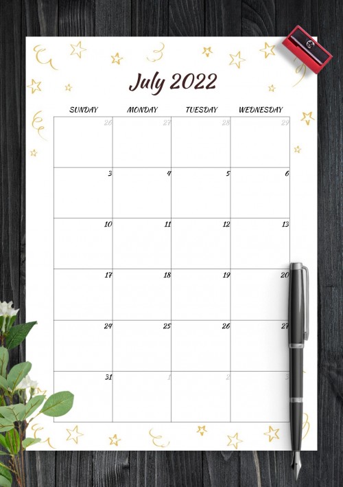 Gold Stars July 2022 Birthday Calendar