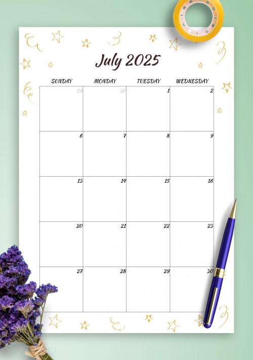 Gold Stars July 2025 Birthday Calendar