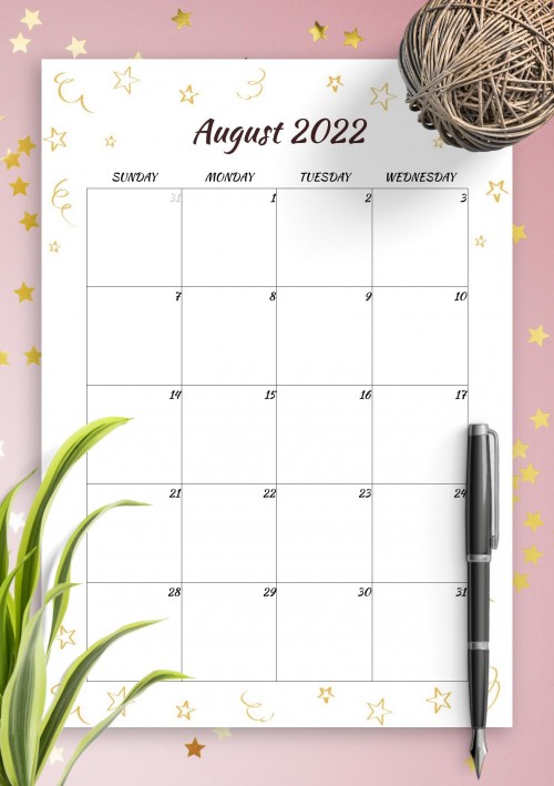 Gold Stars August 2022 Birthday Calendar