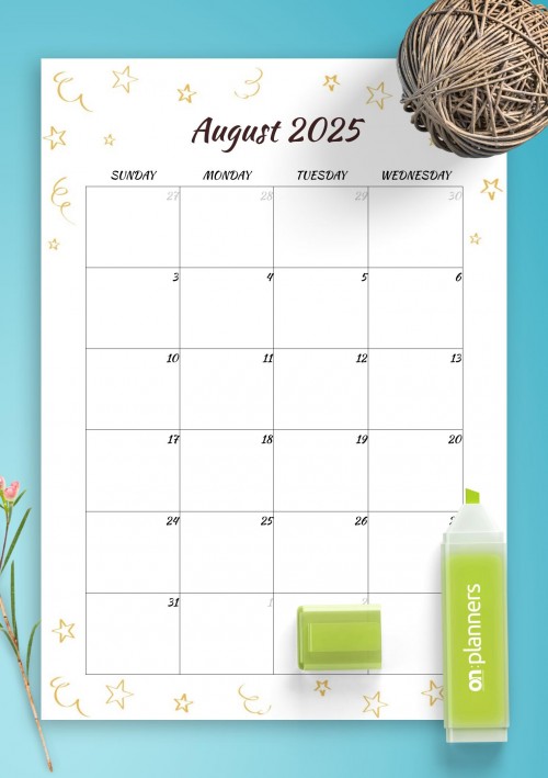 Gold Stars August 2025 Birthday Calendar