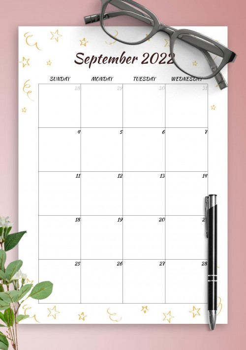 Gold Stars September 2022 Birthday Calendar