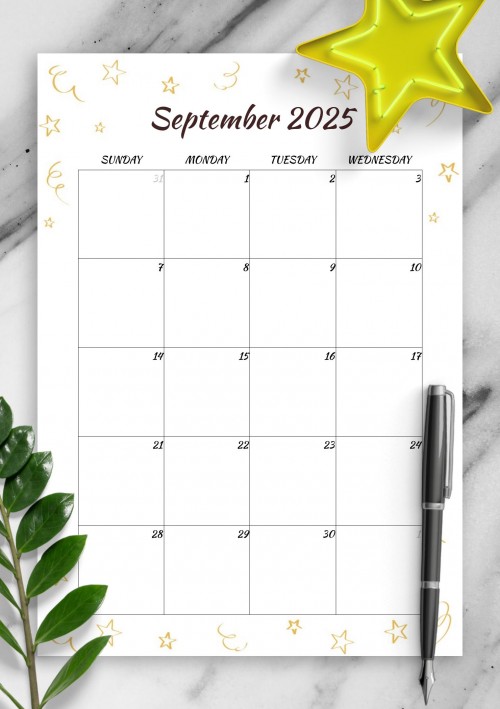 Gold Stars September 2025 Birthday Calendar