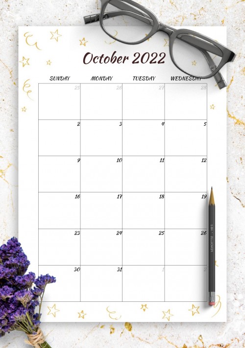Gold Stars October 2022 Birthday Calendar
