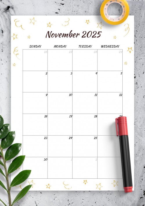 Gold Stars November 2025 Birthday Calendar