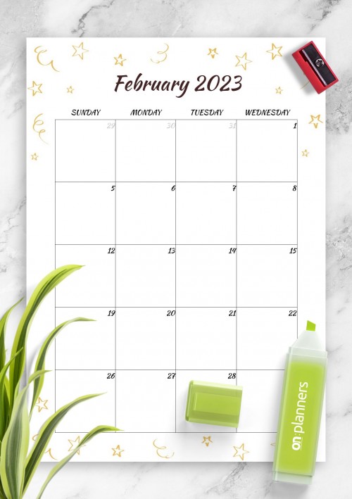 Gold Stars February 2023 Birthday Calendar