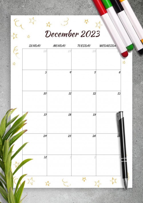 Gold Stars December 2023 Birthday Calendar