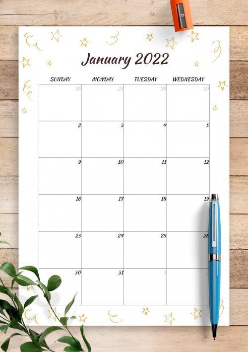 Gold Stars January 2022 Birthday Calendar