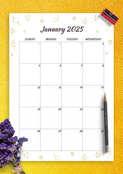 Gold Stars January 2025 Birthday Calendar