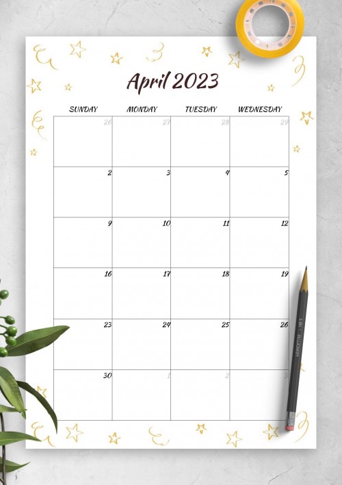 Gold Stars April 2023 Birthday Calendar