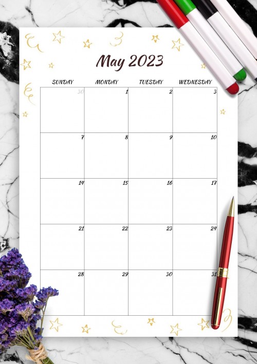 Gold Stars May 2023 Birthday Calendar