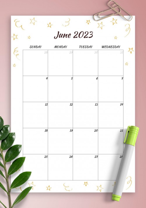 Gold Stars June 2023 Birthday Calendar