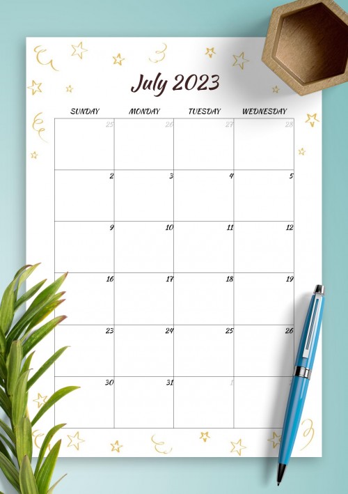 Gold Stars July 2023 Birthday Calendar