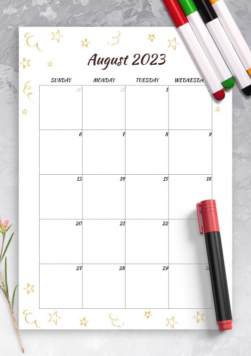 Gold Stars August 2023 Birthday Calendar