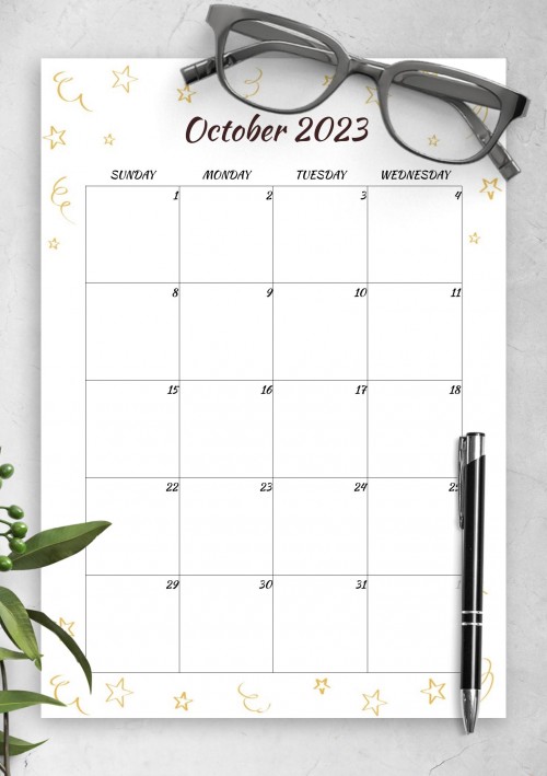 Gold Stars October 2023 Birthday Calendar