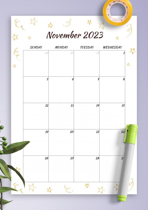 Gold Stars November 2023 Birthday Calendar