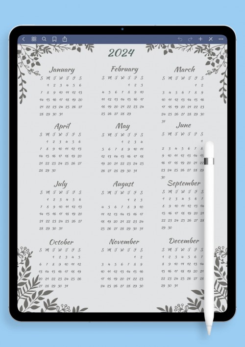 Gray Botanical Yearly Calendar GoodNotes Template