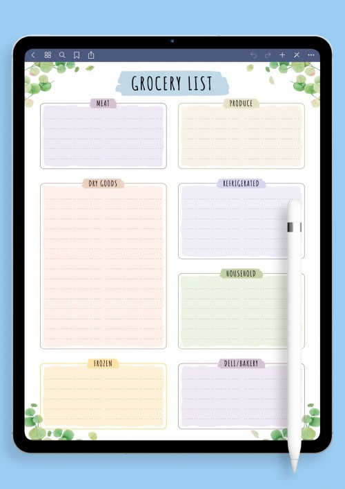 Grocery List Template - Floral Style Template for Notability