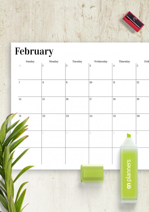 Horizontal February Calendar