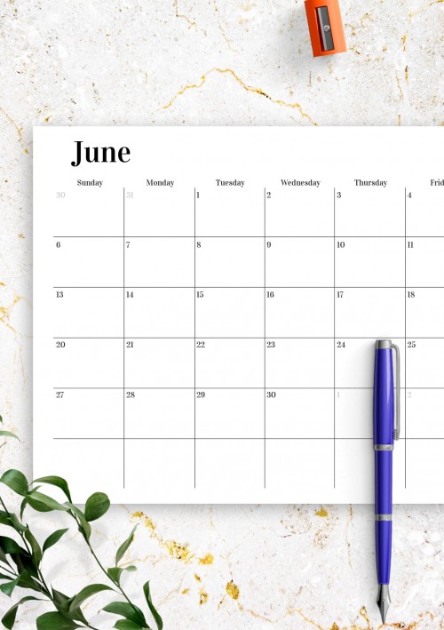 Horizontal June Calendar