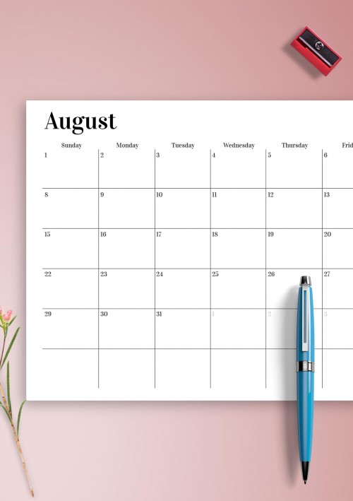 Horizontal August Calendar