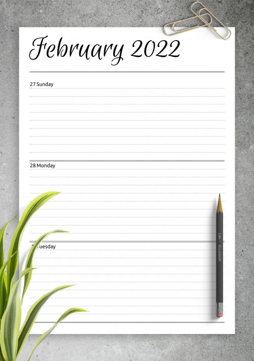 Horizontal weekly planner February 2022