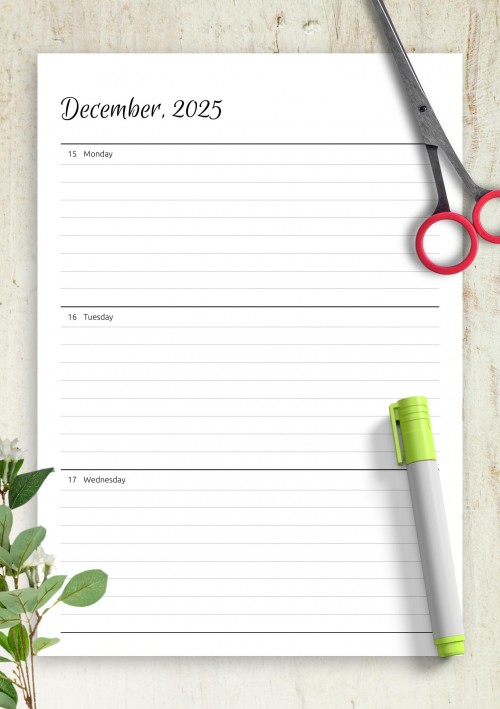 Horizontal weekly planner December 2025