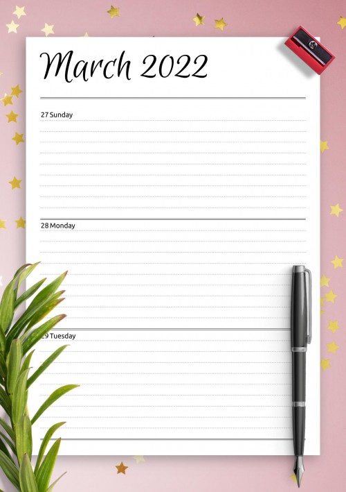 Horizontal weekly planner March 2022