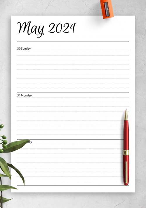 Horizontal weekly planner May 2021