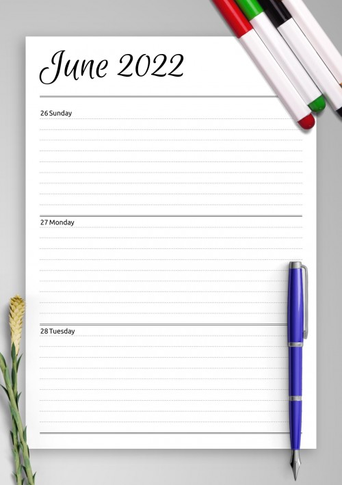 Horizontal weekly planner June 2022