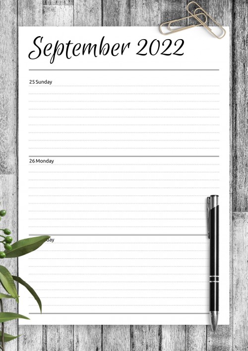 Horizontal weekly planner September 2022