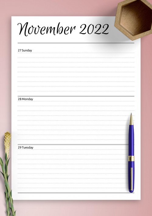 Horizontal weekly planner November 2022