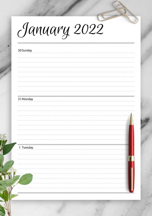 Horizontal weekly planner January 2022