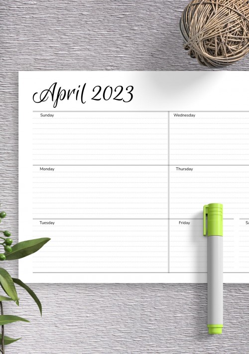 April 2023 Horizontal Weekly Schedule Template