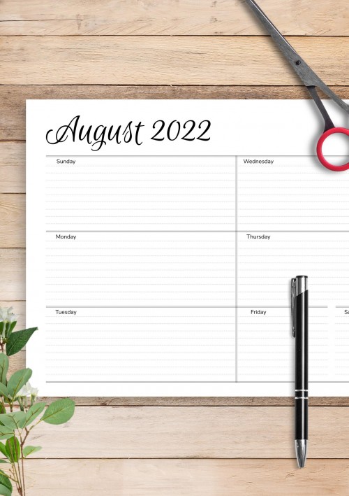 August 2022 Horizontal Weekly Schedule Template