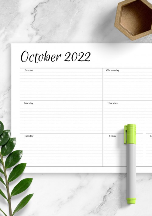 October 2022 Horizontal Weekly Schedule Template