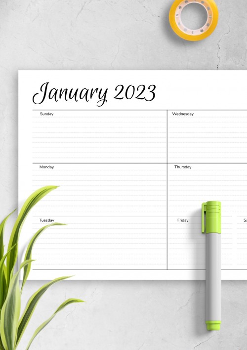 January 2023 Horizontal Weekly Schedule Template