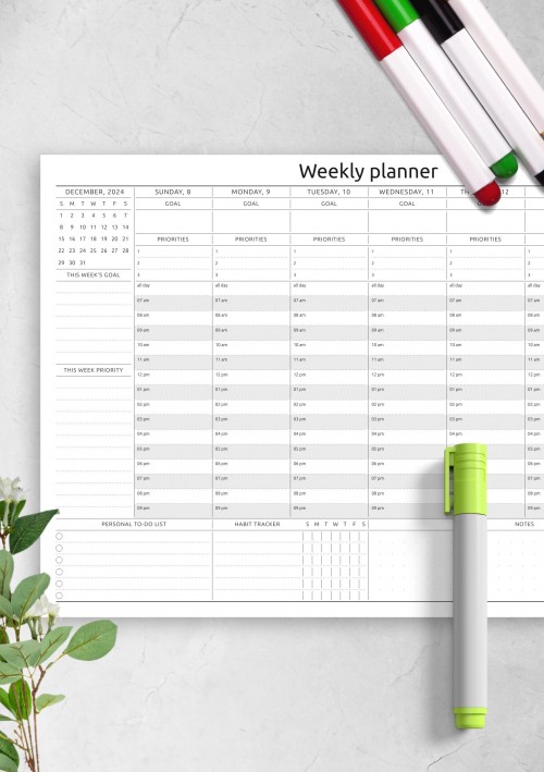 December 2024 Horizontal Weekly Timetable Planner Template