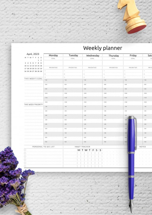 March 2023 Horizontal Weekly Timetable Planner Template