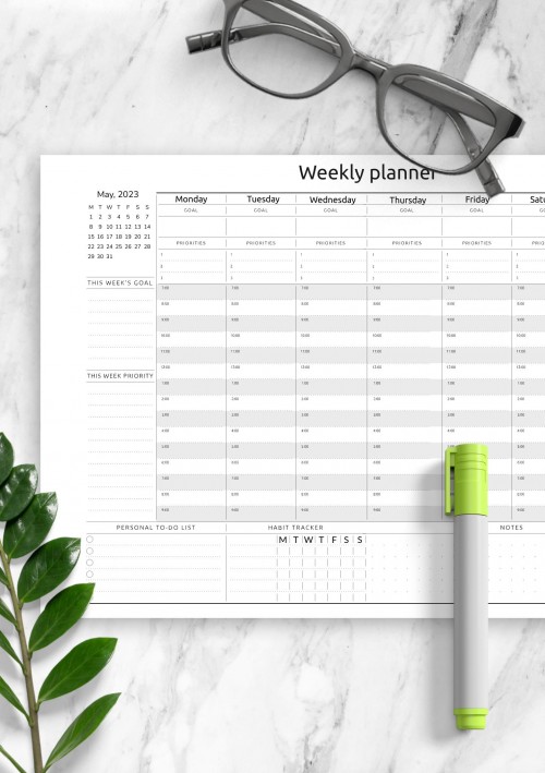 April 2023 Horizontal Weekly Timetable Planner Template
