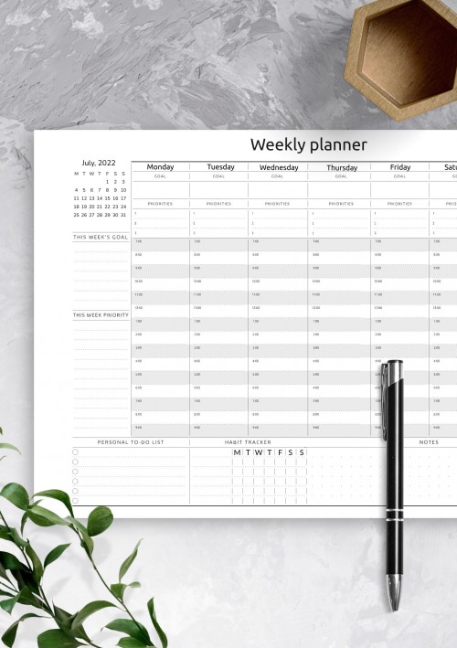 July 2022 Horizontal Weekly Timetable Planner Template